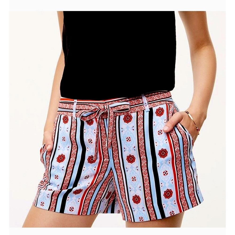 LOFT Costa Tie Boho Patterned Striped Floral Shorts Blue Red Fluid Crepe Size 4